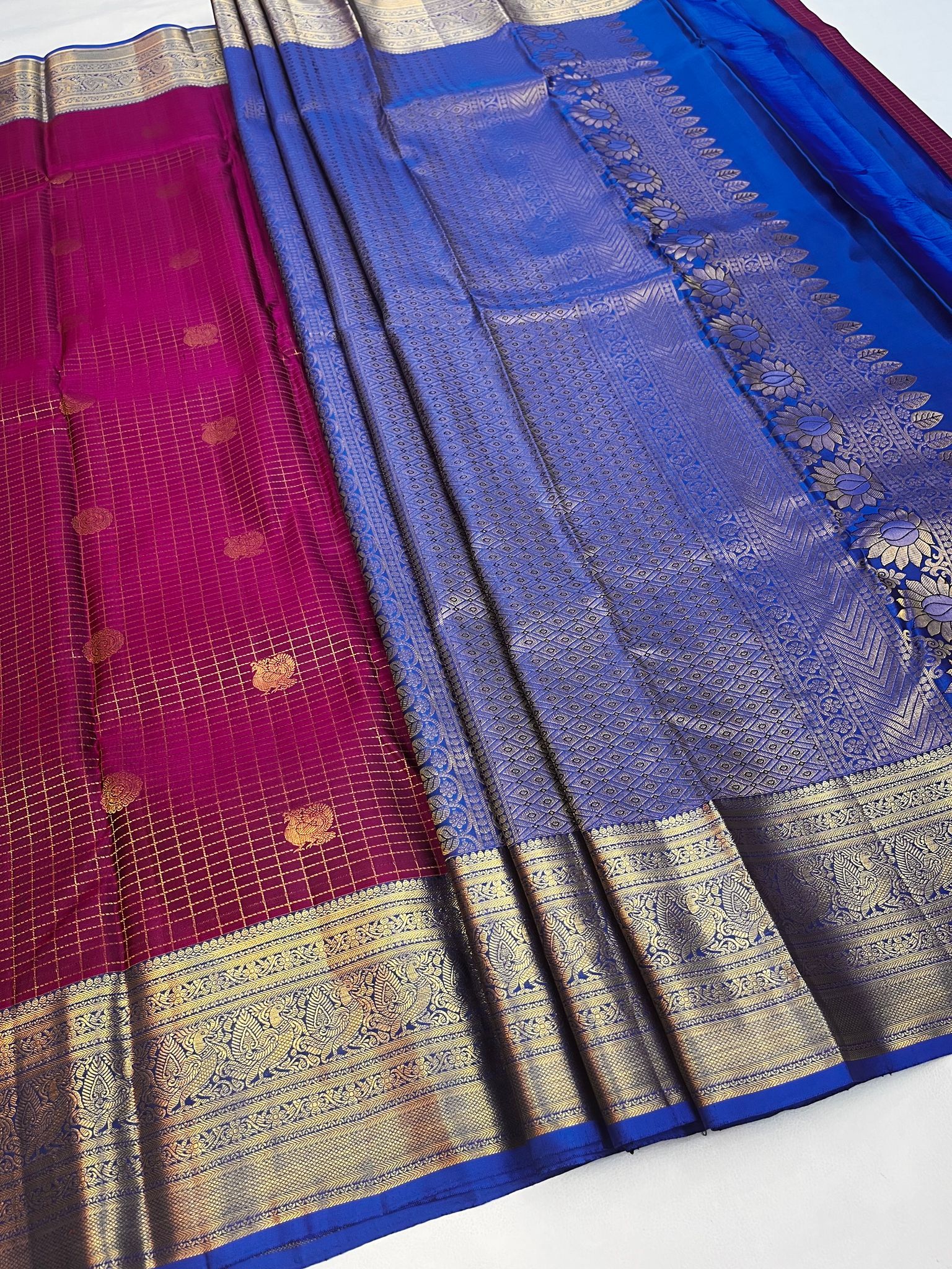 Merlot Red with Blue Pure Silk Saree Has Vaira Oosi Line Checked & Double Butta Design with Unstitched Blouse