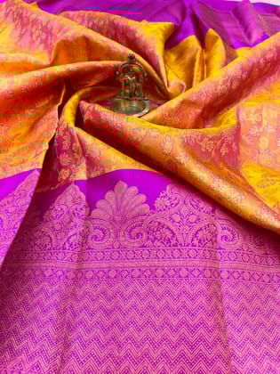 Pink with Yellow Color Kanjivaram Pure Handloom Silk Saree Has Double Wrap Long Border Contrast Grand Pallu & Blouse