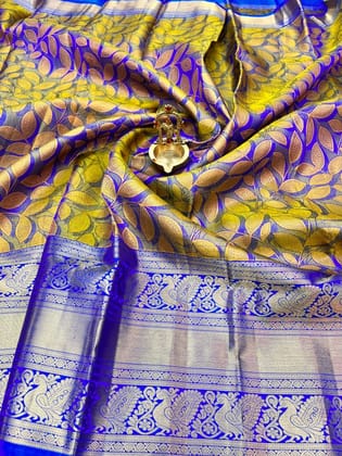 Blue with Light Yellow Color Double Shade Leaf Design Long Border Zari Woven Pure Silk Saree