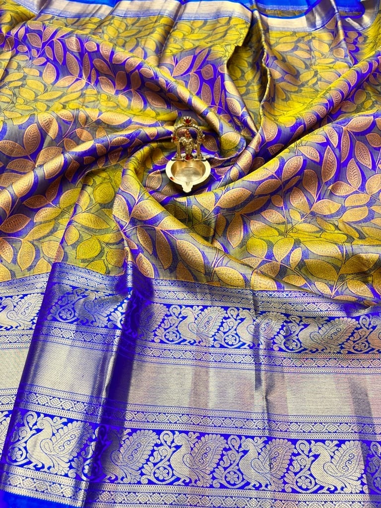 Blue with Light Yellow Color Double Shade Leaf Design Long Border Zari Woven Pure Silk Saree