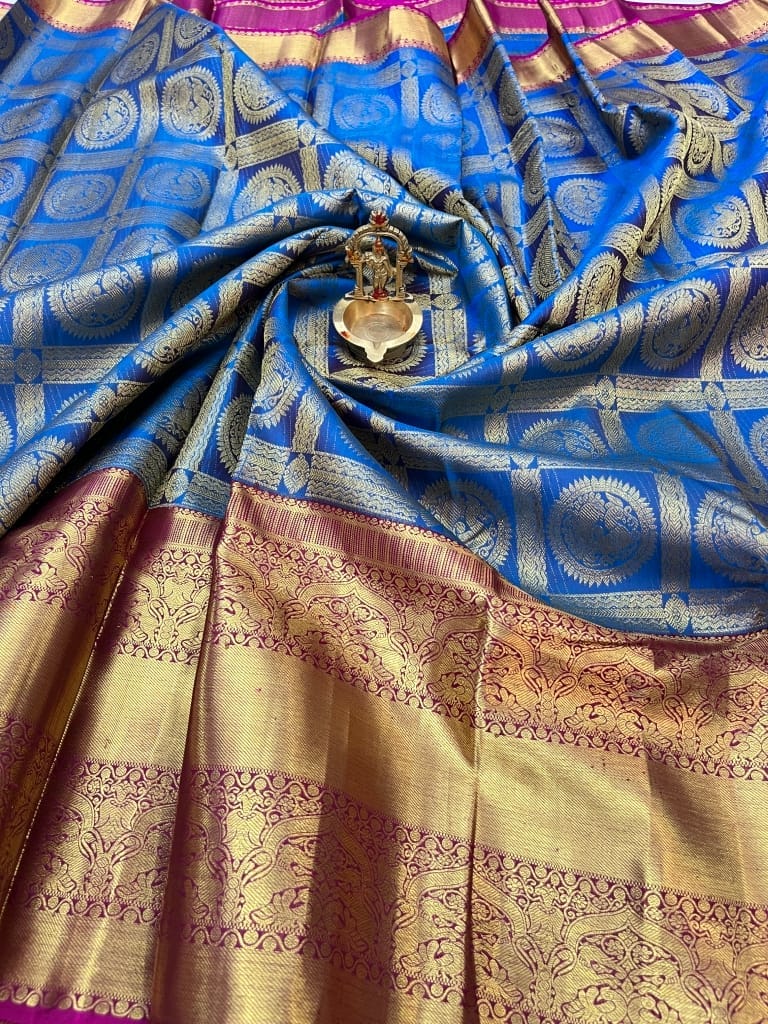 Blue with Dark Pink Color Checked Pattern Beautiful Peacock Design Long Border Zari Woven Pure Silk Saree