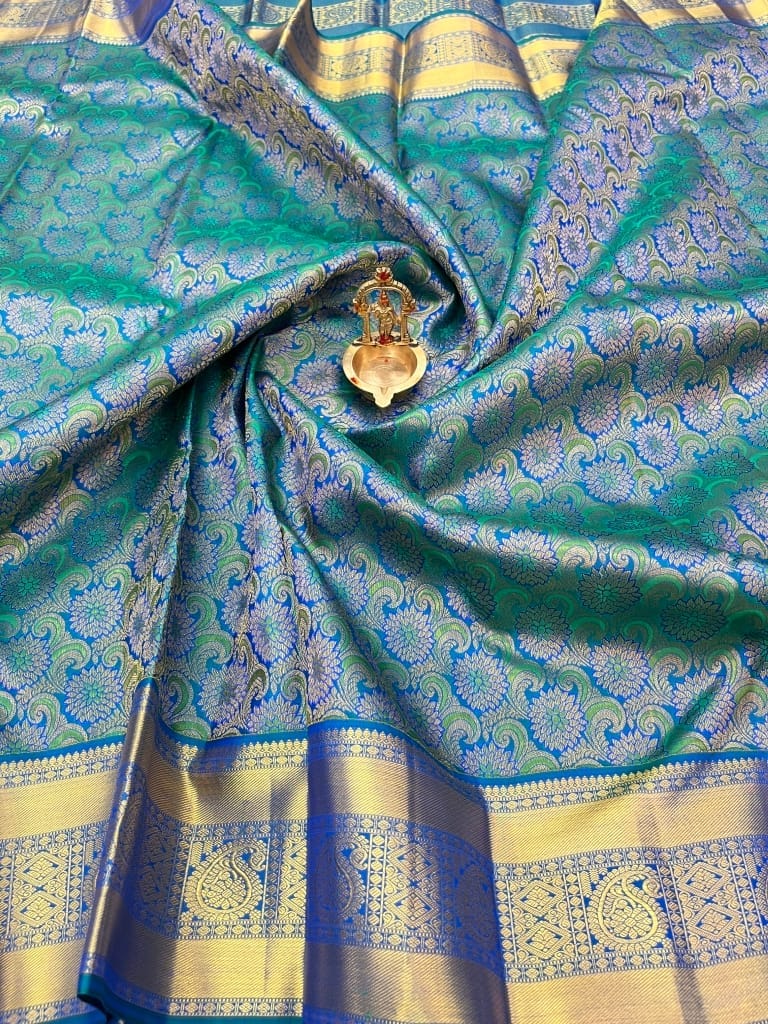 Blue with Green Color Full Floral Design Grand Work Zari Woven Pure Silk Saree