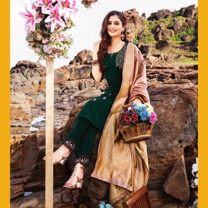 TALK BY FASHION Women Silk Embroidered Kurta with Trousers & Dupatta
