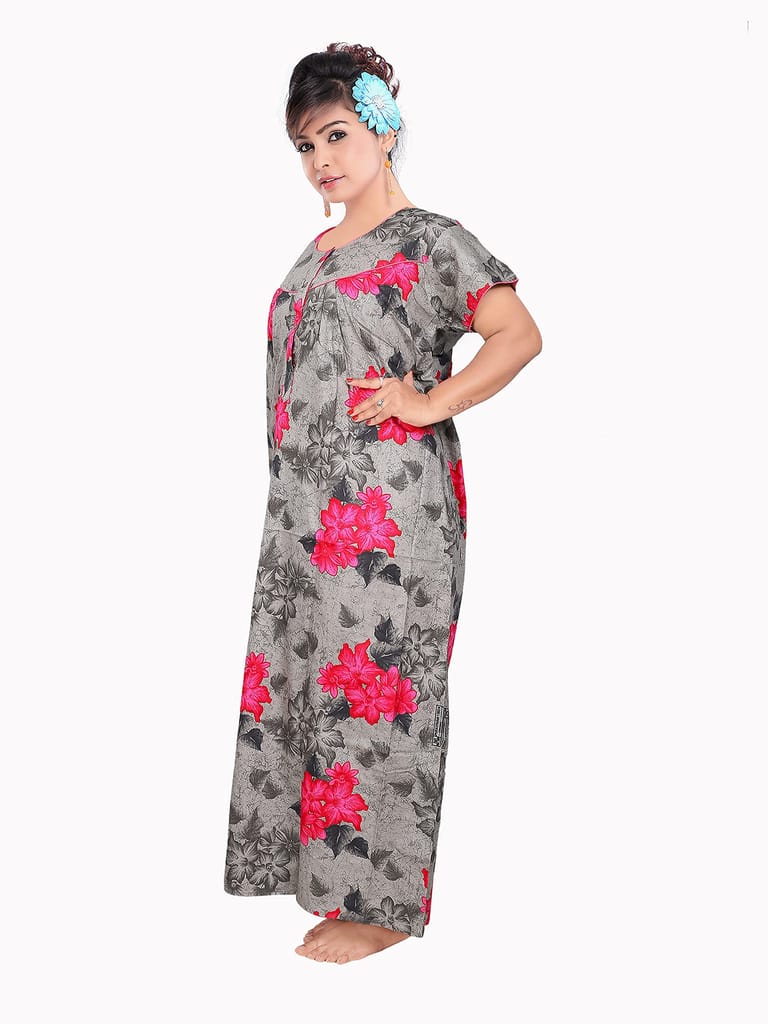 VALENCIA SLEEPWEAR Sleepwear Pure Cotton Printed Round Neck Nightgown Nighty with Pleades for Extra Comfort Grey