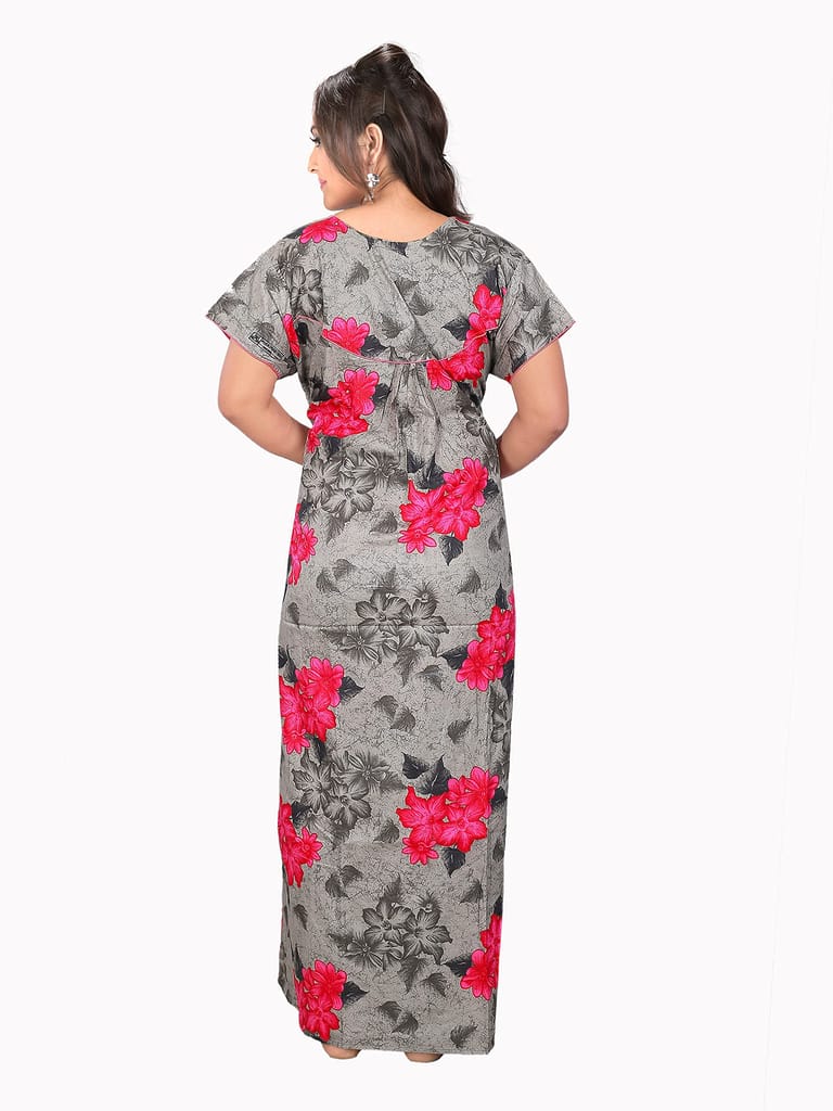 VALENCIA SLEEPWEAR Sleepwear Pure Cotton Printed Round Neck Nightgown Nighty with Pleades for Extra Comfort Grey