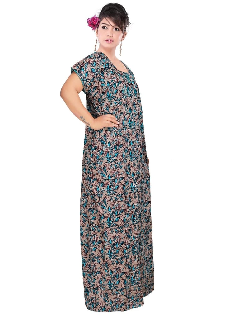 VALENCIA SLEEPWEAR Women Printed Cotton Nightwear Nighty Maxi Free Size Teal Blue