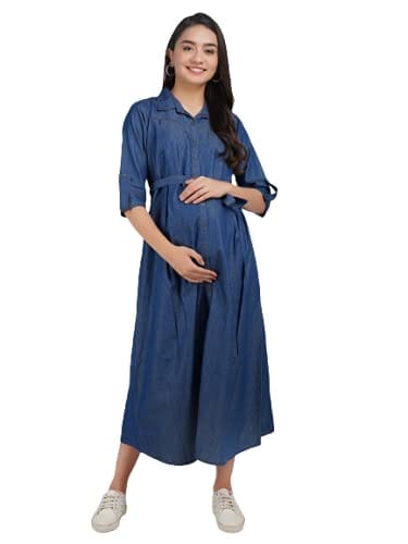 KOI SLEEPWEAR Women's Denim Maternity Gown with Feeding Pocket Maxi Night Gown for Pregnant Women (XX-Large, Dark Blue)