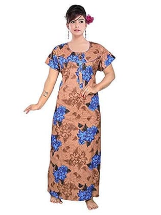 VALENCIA SLEEPWEAR Sleepwear Pure Cotton Printed Round Neck Nightgown Nighty Brown VALENCIA SLEEPWEAR Sleepwear Pure Cotton Printed Round Neck Nightgown Nighty Brown