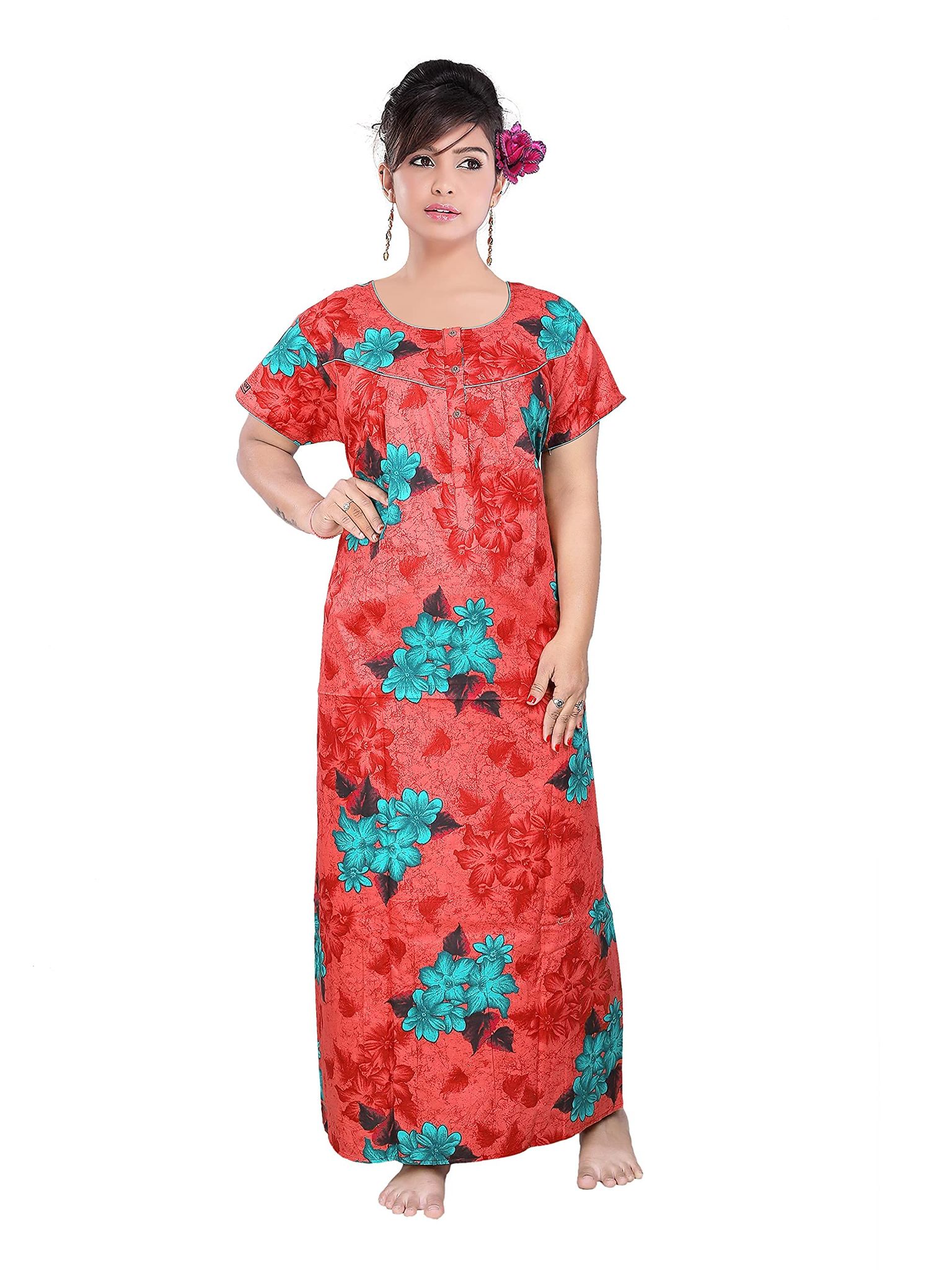 VALENCIA SLEEPWEAR Sleepwear Pure Cotton Printed Round Neck Nightgown Nighty with Pleades for Extra Comfort Maroon