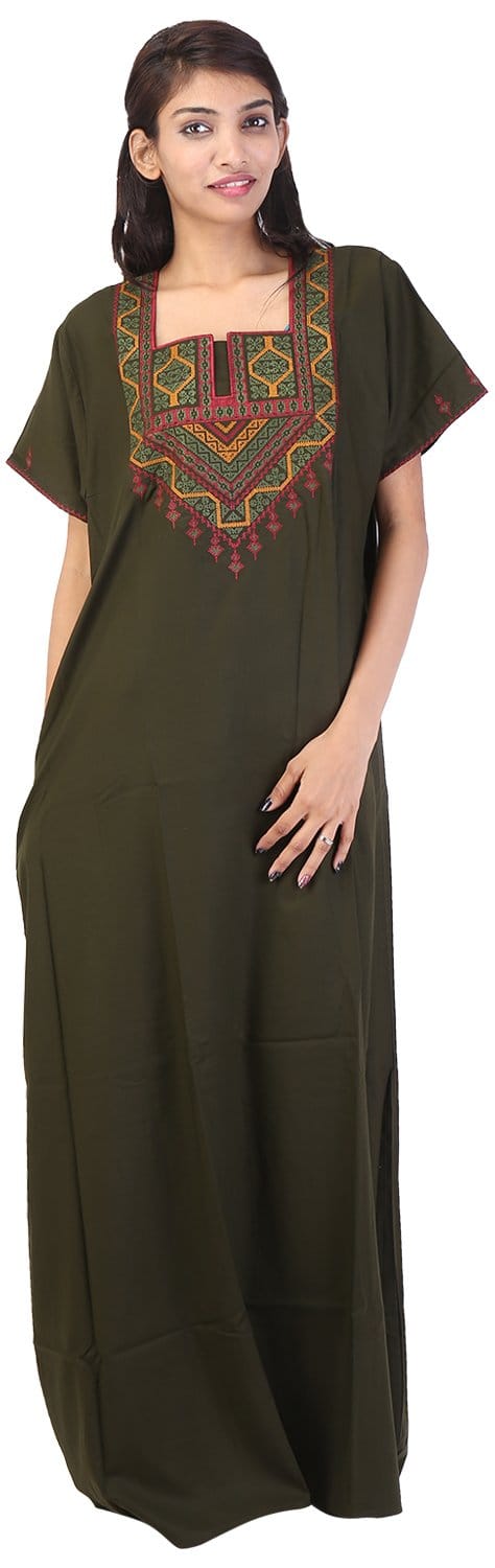 VALENCIA SLEEPWEAR lissybissy Cotton Resham Embroidery Nighty Night Gown Maxi for Women A line (KNW-42, Mehendi Green, Large)