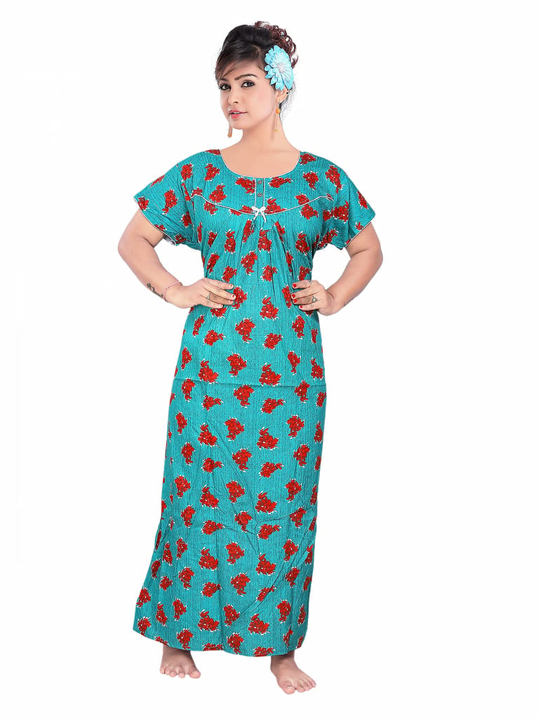 VALENCIA SLEEPWEAR Sleepwear Pure Cotton Printed Round Neck Nightgown Nighty with Pleades for Extra Comfort Blue - Nightwear & Loungewear | Buy online on ZillyBuy