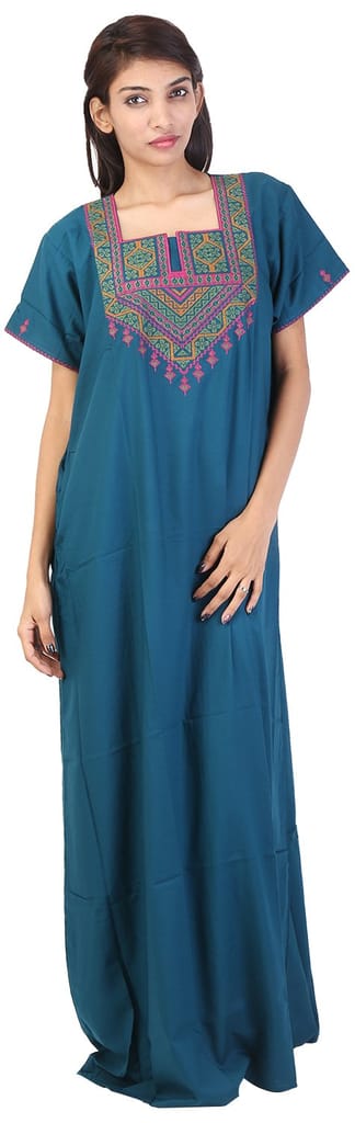 VALENCIA SLEEPWEAR lissybissy Cotton Resham Embroidery Nighty Night Gown Maxi for Women A line (Peacock Green) - Nightwear & Loungewear | Buy online on ZillyBuy