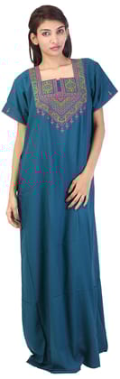 VALENCIA SLEEPWEAR lissybissy Cotton Resham Embroidery Nighty Night Gown Maxi for Women A line (Peacock Green)