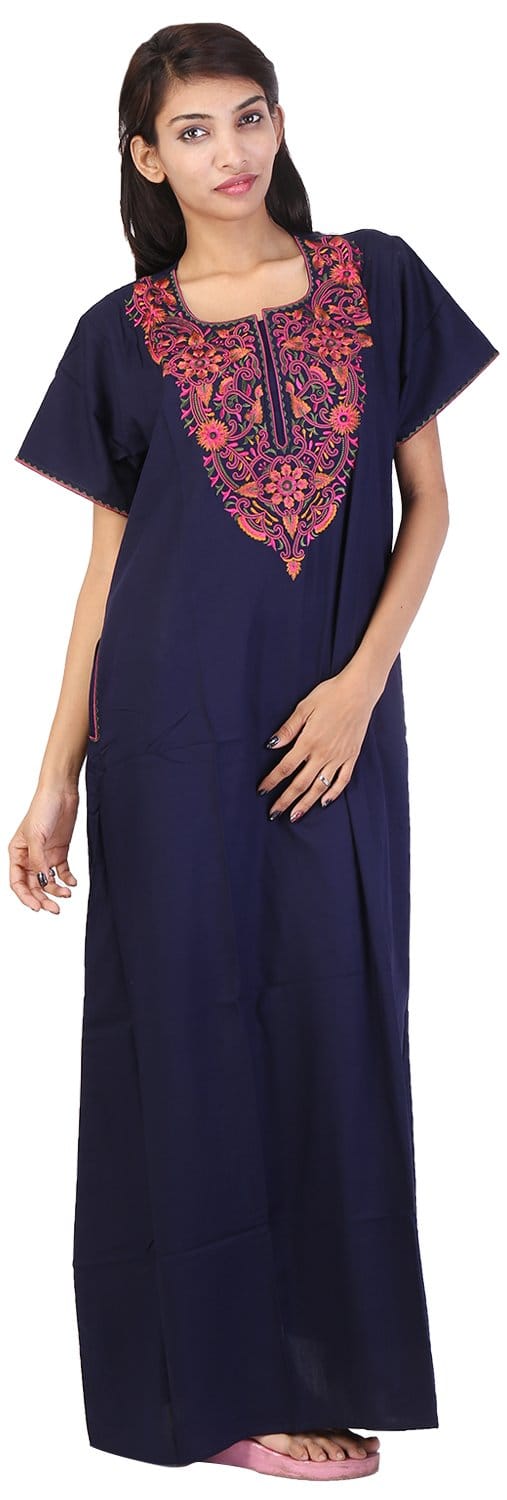 VALENCIA SLEEPWEAR lissybissy Cotton Resham Embroidery Nighty Night Gown Maxi for Women A line (KNW-48, Navy Blue, Large)