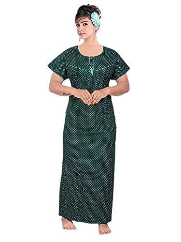 ATAVIO Women's Pure Cotton Ankle Length Nightgown Nighty/Maxi Night Gown  Polka Dot Print - Free Size (Blue)