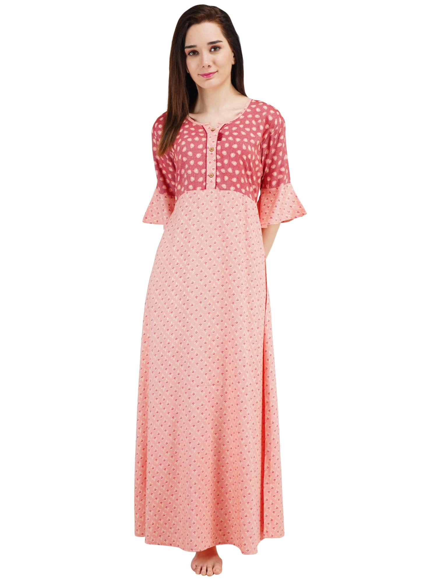 KOI SLEEPWEAR Women's Bell Sleeve Frock/Maxi Night Gown for Women - Peach (Large)