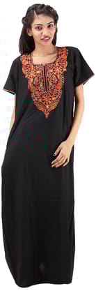 VALENCIA SLEEPWEAR lissybissy Cotton Resham Embroidery Nighty Night Gown Maxi for Women A line (Black, Large)