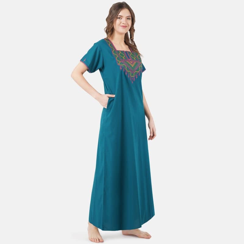 KOI SLEEPWEAR lissybissy Cotton Resham Embroidery Nighty Night Gown Maxi for Women A line XXL (Peacock Blue)