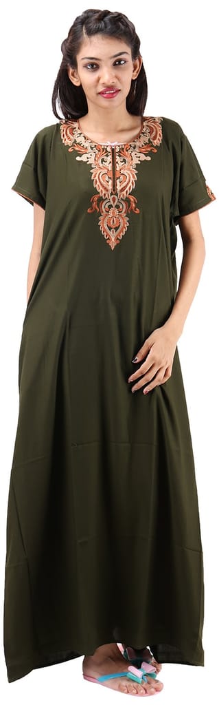 VALENCIA SLEEPWEAR lissybissy Cotton Resham Embroidery Nighty Night Gown Maxi for Women A line (Mehendi Green) - Nightwear & Loungewear | Buy online on ZillyBuy