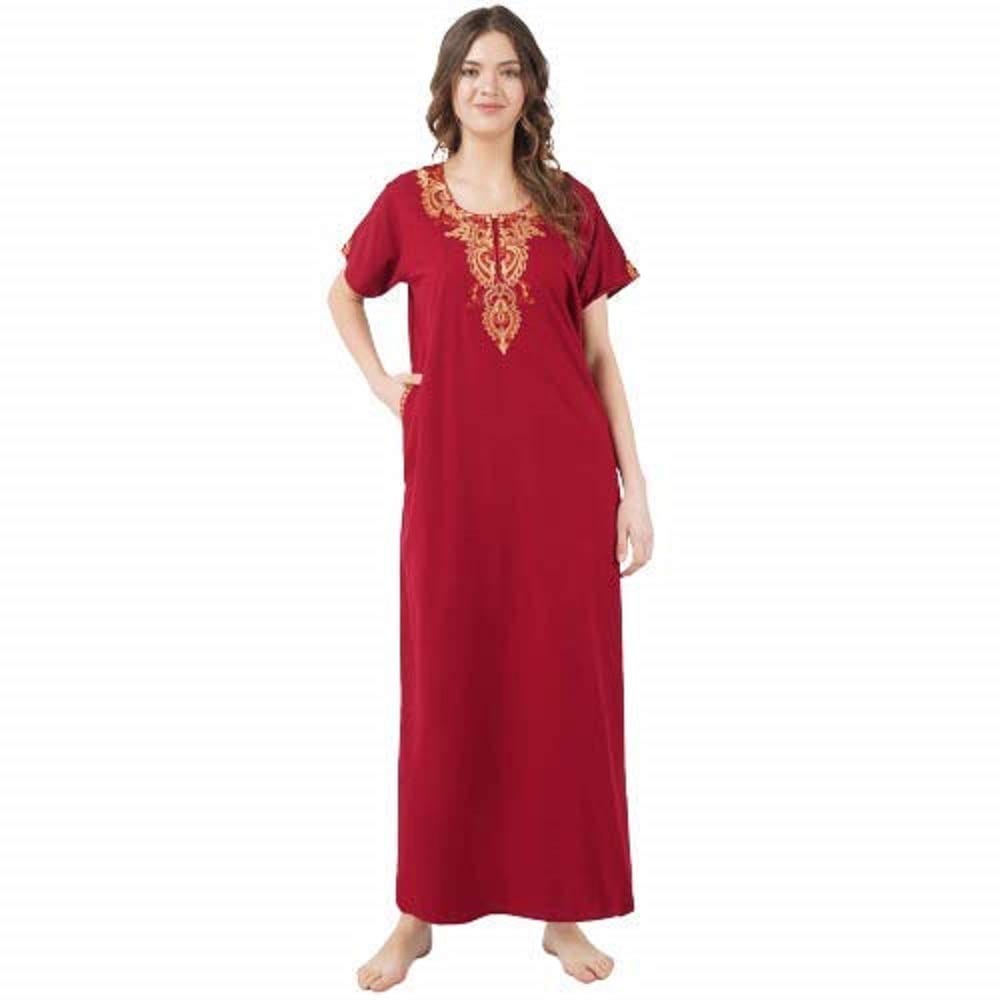 KOI SLEEPWEAR lissybissy Cotton Resham Embroidery Nighty Night Gown Maxi for Women A line (Maroon) - Nightwear & Loungewear | Buy online on ZillyBuy