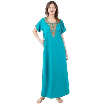 KOI SLEEPWEAR lissybissy Cotton Resham Embroidery Nighty Night Gown Maxi for Women A line (New Blue)