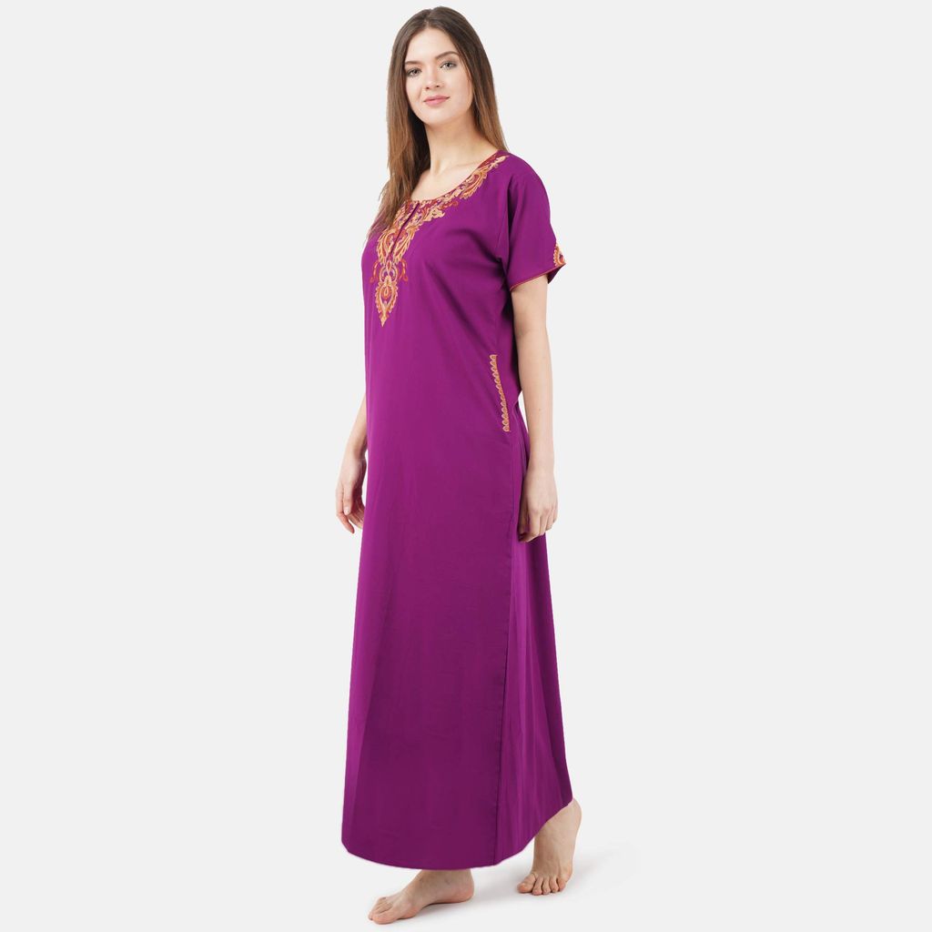 KOI SLEEPWEAR lissybissy Cotton Resham Embroidery Nighty Night Gown Maxi for Women A line (Purple)