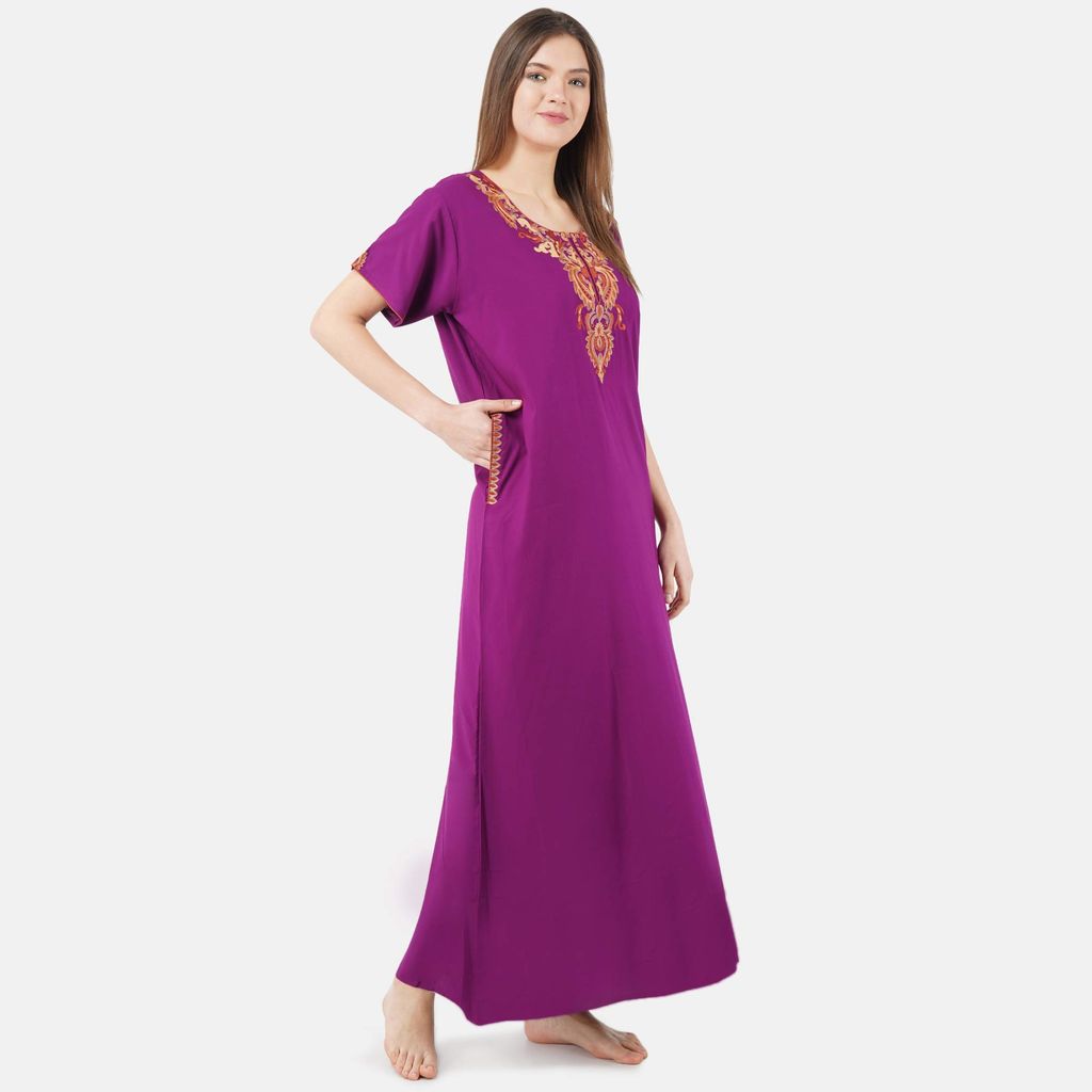 KOI SLEEPWEAR lissybissy Cotton Resham Embroidery Nighty Night Gown Maxi for Women A line (Purple)