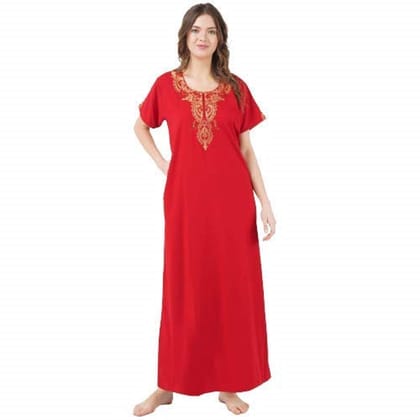 KOI SLEEPWEAR lissybissy Cotton Resham Embroidery Nighty Night Gown Maxi for Women A line (Red)