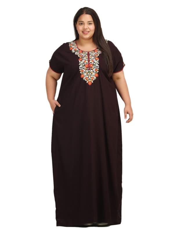 KOI SLEEPWEAR Women's Short Sleeves Lissybissy Full Length Maxi/Nighty Nightgown with Beautiful Flowerline Embroidery (Wine, 2XL/3XL) - Nightwear & Loungewear | Buy online on ZillyBuy