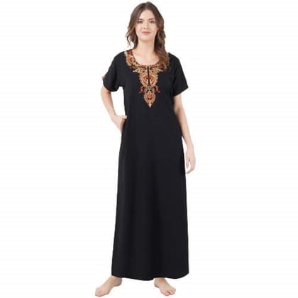 KOI SLEEPWEAR Women's Lissybissy Cotton Resham Embroidery A Line Nighty/Night Gown/Maxi for Women (Black)