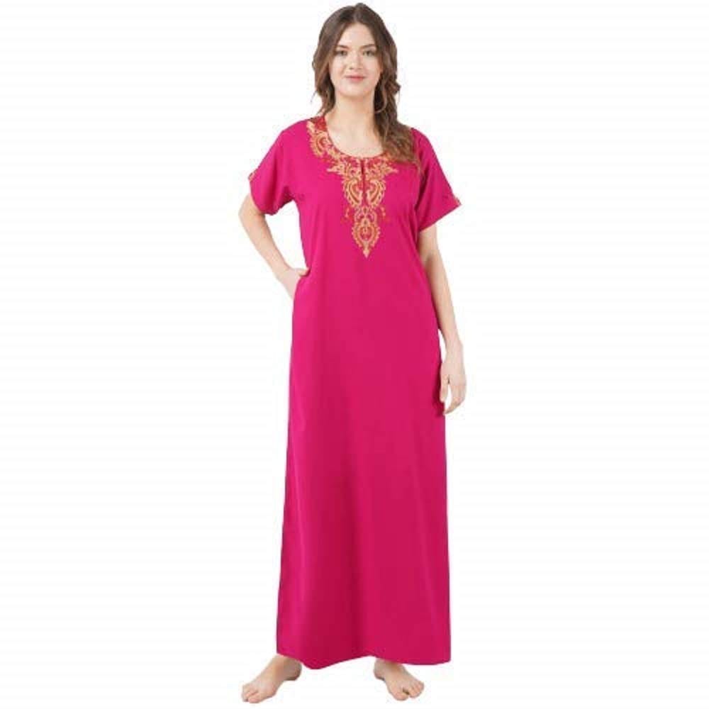 KOI SLEEPWEAR Women's Lissybissy Cotton Resham Embroidery A Line Nighty/Night Gown/Maxi for Women (Dark Pink)