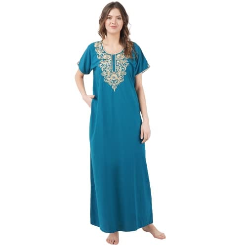 VALENCIA SLEEPWEAR Plain Embroidery Gown Maxi Nightwear Nighty Lizzy Bizzy Soft Fabric Rama Green - Nightwear & Loungewear | Buy online on ZillyBuy