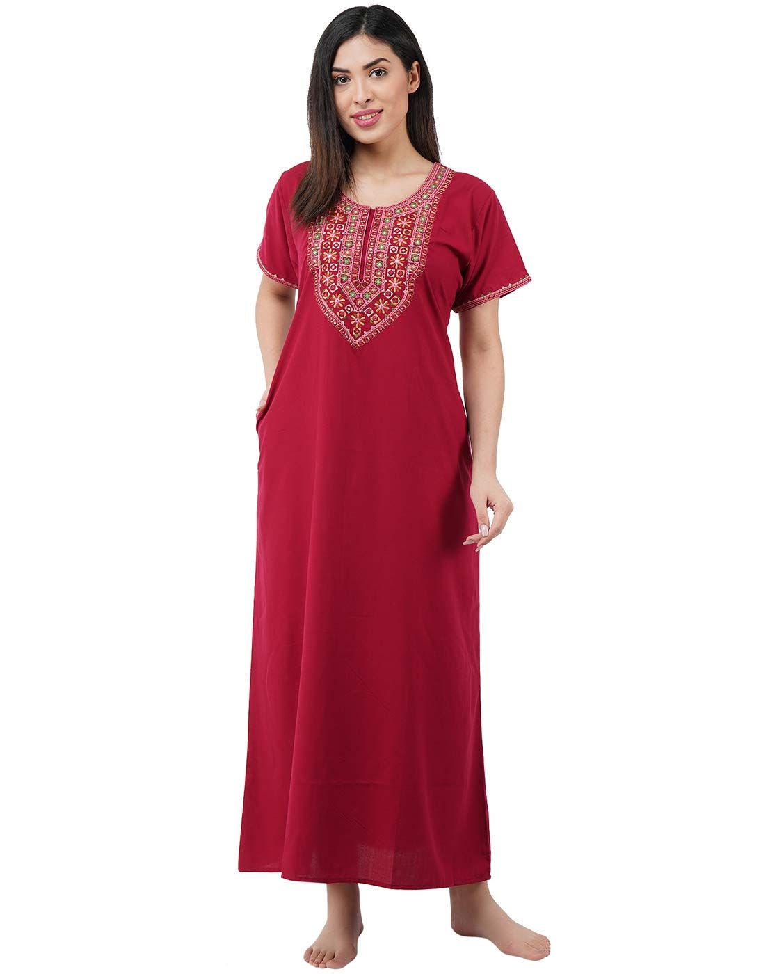 KOI SLEEPWEAR Premium Women Embroidery Night Gown Lizzybizzy with Mirror Work Cotton Nighty Maxi (Large, Maroon)�