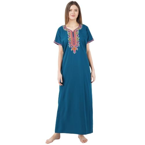 KOI SLEEPWEAR Women's Cotton Blend Embroidered Maxi Length Nightgown Peacock Blue - Nightwear & Loungewear | Buy online on ZillyBuy