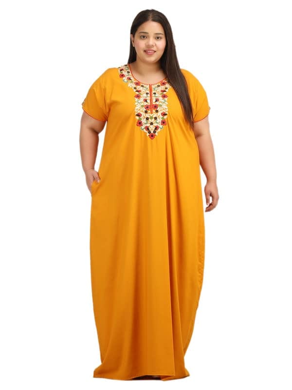 KOI SLEEPWEAR Women's Short Sleeves Lissybissy Full Length Maxi/Nighty Nightgown with Beautiful Flowerline Embroidery (Mustard, 2XL/3XL)