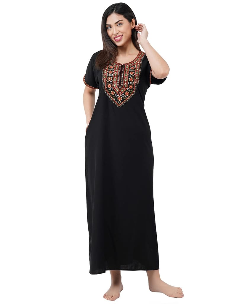 KOI SLEEPWEAR Premium Women Embroidery Night Gown Lizzybizzy with Mirror Work Cotton Nighty Maxi (X-Large, Black)� - Nightwear & Loungewear | Buy online on ZillyBuy