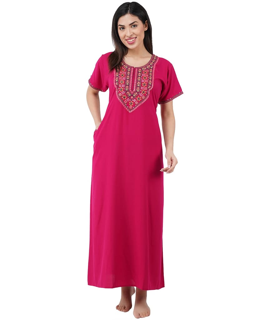 KOI SLEEPWEAR Premium Women Embroidery Night Gown Lizzybizzy with Mirror Work Cotton Nighty Maxi (Large, Pink)� - Nightwear & Loungewear | Buy online on ZillyBuy