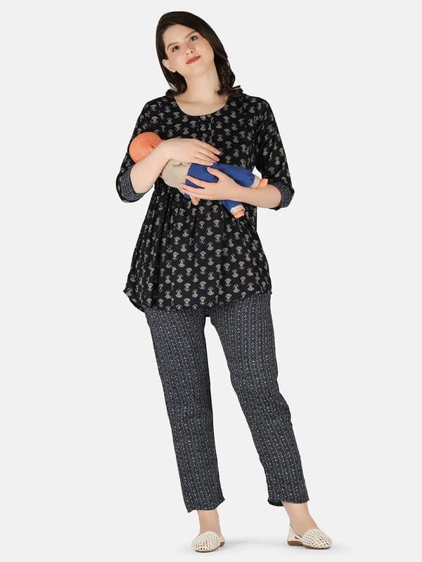 KOI SLEEPWEAR Blue Maternity Floral Co-ord Casual Ethnic wear wih Feeding Pockets (L)�