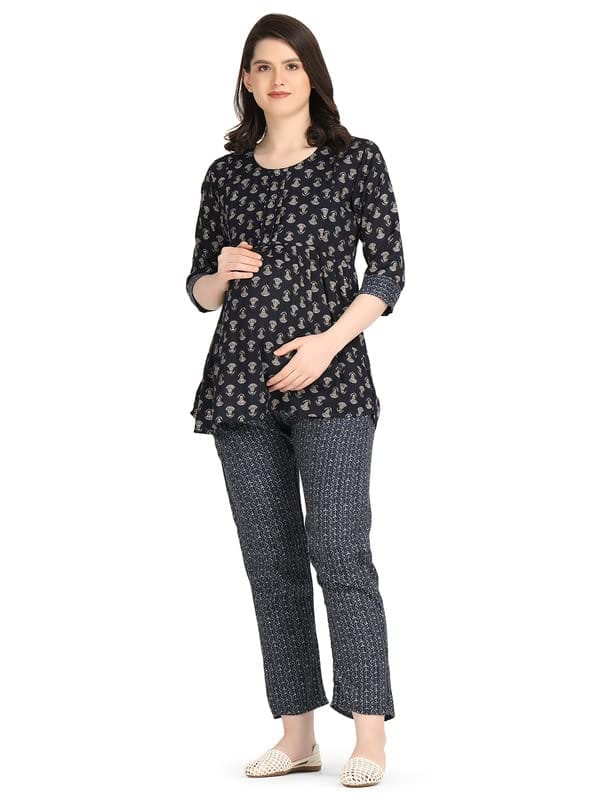 KOI SLEEPWEAR Blue Maternity Floral Co-ord Casual Ethnic wear wih Feeding Pockets (L)�