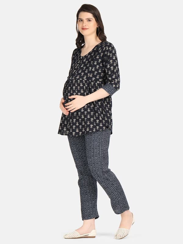 KOI SLEEPWEAR Blue Maternity Floral Co-ord Casual Ethnic wear wih Feeding Pockets (L)�
