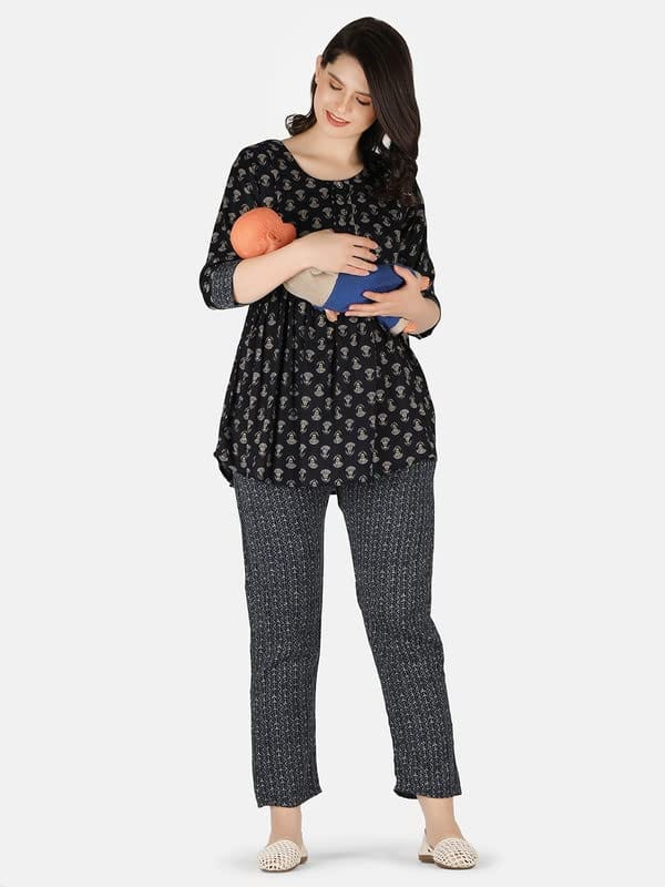 KOI SLEEPWEAR Blue Maternity Floral Co-ord Casual Ethnic wear wih Feeding Pockets (L)�