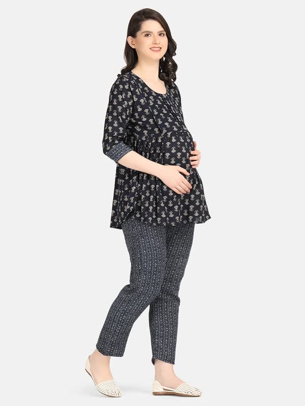 KOI SLEEPWEAR Blue Maternity Floral Co-ord Casual Ethnic wear wih Feeding Pockets (L)�