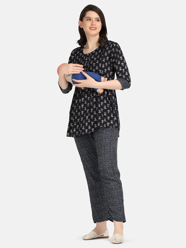 KOI SLEEPWEAR Blue Maternity Floral Co-ord Casual Ethnic wear wih Feeding Pockets (L)�