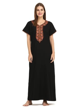 KOI SLEEPWEAR Women's Paan Shape Cotton Blend Embroidered Full Length Night Gown/Maxi/Nighty (Sunflower Black, L)