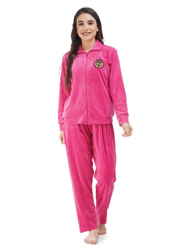 KOI SLEEPWEAR Soft Velvette Long Night Suit Dark Pink (Relaxed, Large, Dark Pink)