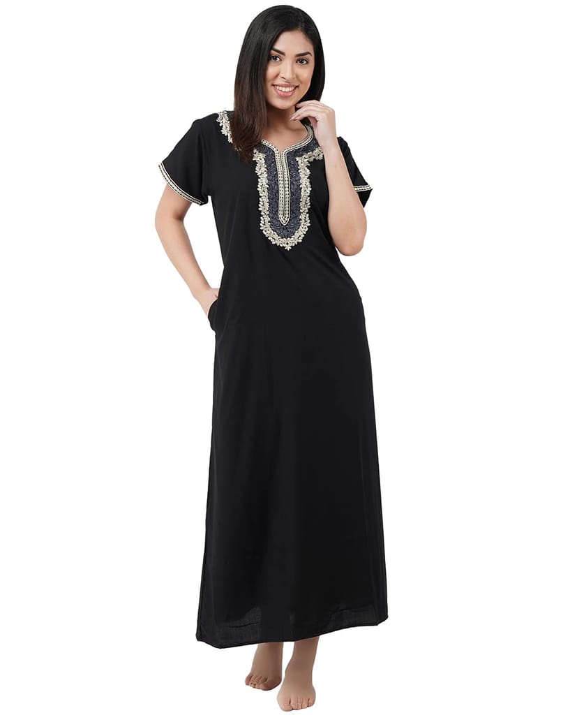 KOI SLEEPWEAR Premium Women White Contrast Embroidery Night Gown Lizzybizzy Cotton Nighty Maxi (X-Large, Black)� - Nightwear & Loungewear | Buy online on ZillyBuy
