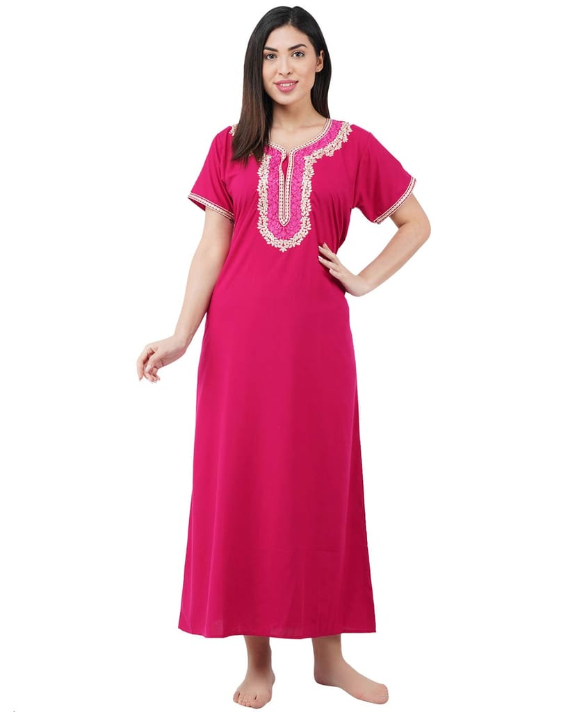 KOI SLEEPWEAR Premium Women White Contrast Embroidery Night Gown Lizzybizzy Cotton Nighty Maxi (X-Large, Pink)� - Nightwear & Loungewear | Buy online on ZillyBuy
