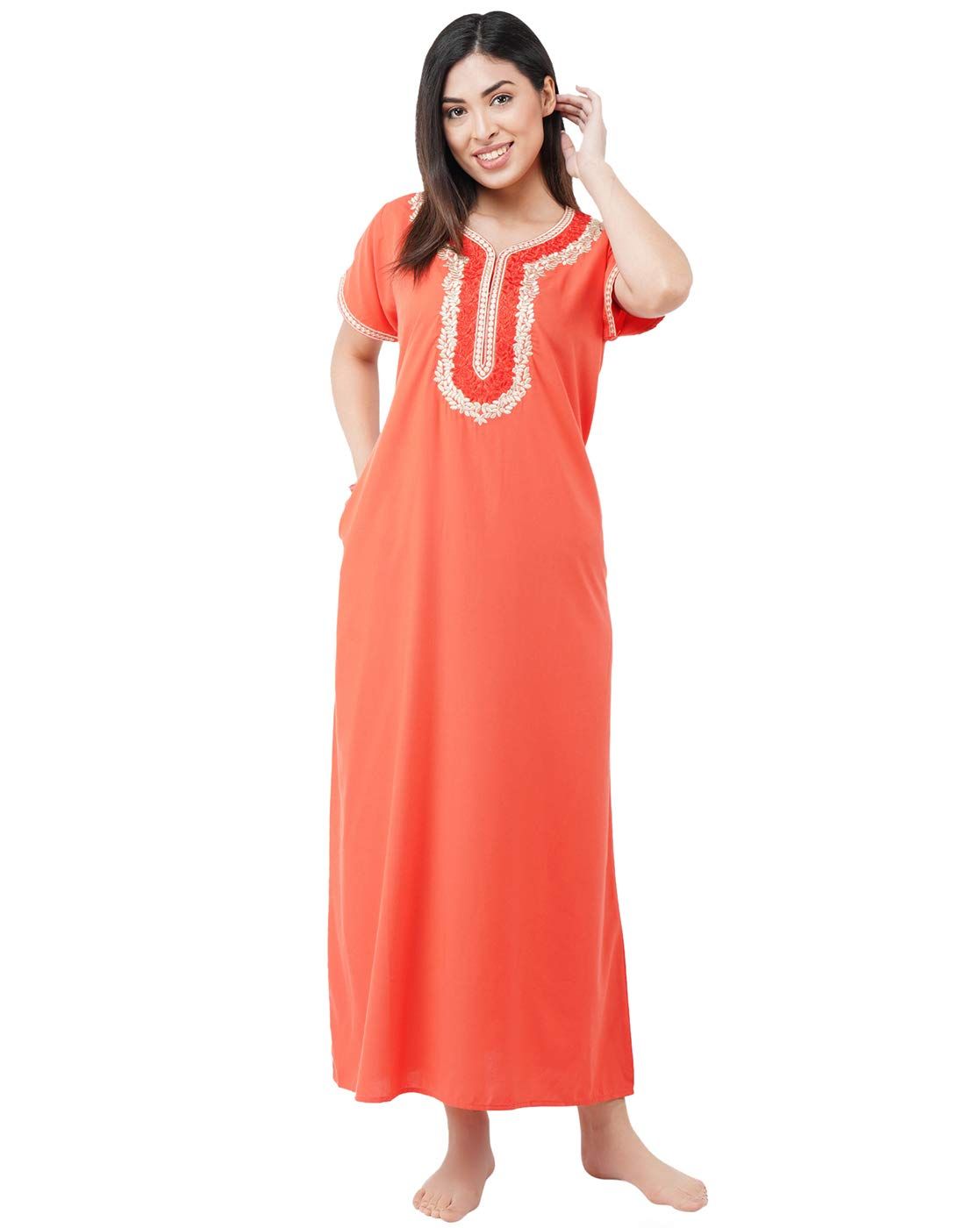 KOI SLEEPWEAR Premium Women White Contrast Embroidery Night Gown Lizzybizzy Cotton Nighty Maxi (Large, Peach)�