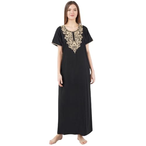 KOI SLEEPWEAR Women's Cotton Blend Floral Embroidered Maxi Length Nightgown Black