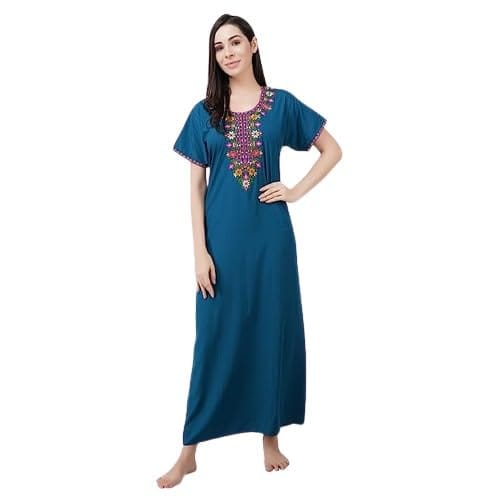 KOI SLEEPWEAR Premium Lissybissy Cotton Resham Embroidery Nighty Night Gown Maxi for Women XXL Plus Size Peacock Blue - Nightwear & Loungewear | Buy online on ZillyBuy